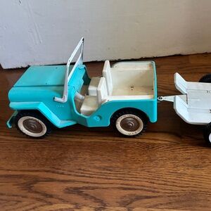 Vintage Tonka Toys USA Toy Jeep with Trailer - Blue and White